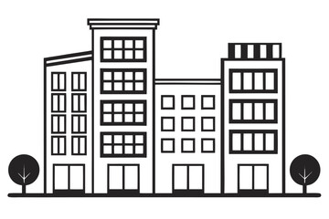 Naklejka premium Modern Cityscape Line Art with Minimalist Buildings and Trees Creating a Clean Urban Aesthetic Presentation