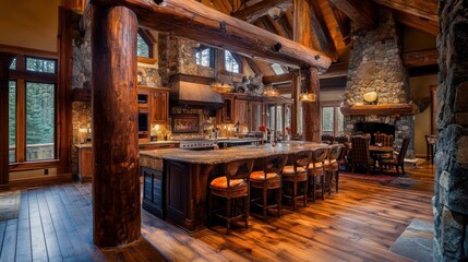 Kitchen with wooden furniture and bar chairs