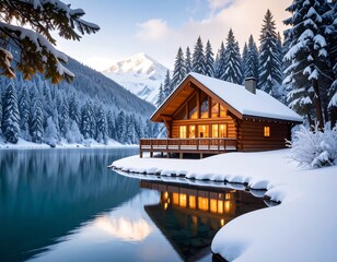 Cozy winter cabin by a serene lake