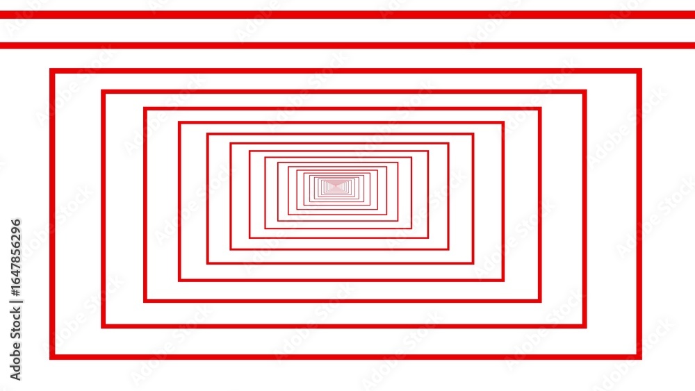 Poster geometric red rectangles creating an illusion of depth, tunnel vision effect, minimalist design and 