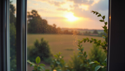 Sunset view through window with greenery in rural landscape  