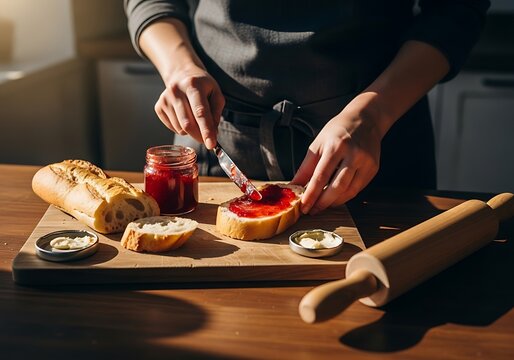 A person spreading strawberry jam on a slice of baguette on a wooden cutting board