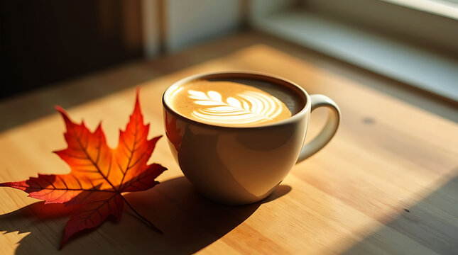 Warm mug of coffee with autumn maple leaf in sunlight on wooden table