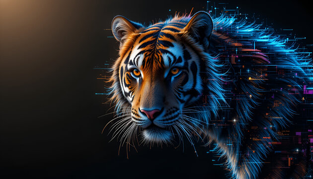 Powerful tiger emerges from digital data stream, embodying tech innovation and strength - Powered by Adobe