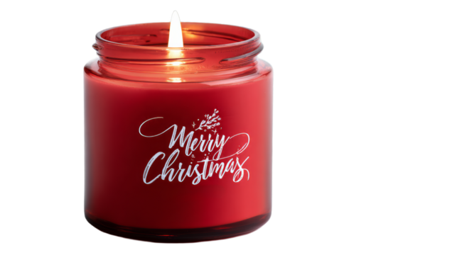 Decorative Red candle in glass jar with inscription Merry Christmas everyone on white background