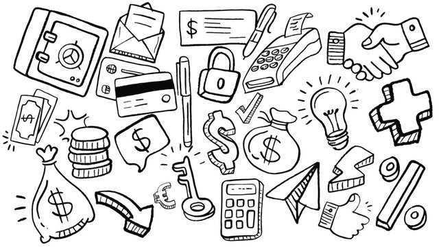 Hand-drawn finance and business icons set featuring money, banking, payment, investment, savings, security, transaction, strategy, and financial tools