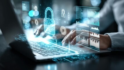 Hands typing on laptop with glowing holographic padlock for cybersecurity - Powered by Adobe