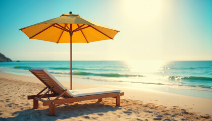 Fototapeta premium Sun lounger under a yellow umbrella on a sandy beach by the sea 