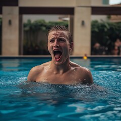 A Young Man Surprised in a Swimming Pool, Capturing the Exhilaration of Water Fun and Adventure Under Bright Sunny Skies Without Worries