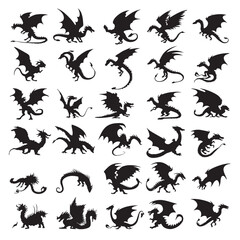 vector illustration of detailed dragon silhouette set, Black & White silhouette set 