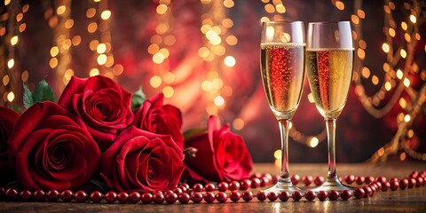 Two glasses of champagne with red roses and bokeh lights, creating a romantic and celebratory atmosphere for a special occasion or valentines day