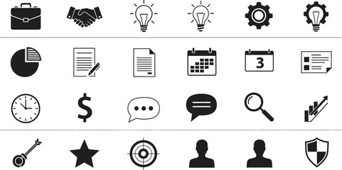 A collection of business and general icons arranged in rows on a white background surface view