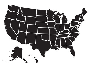 USA map with states. United States of America map. Vector illustration. Vector black silhouette. with white background