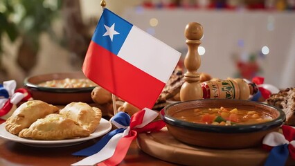 Vibrant celebration of Chilean culture with traditional dishes and national flag