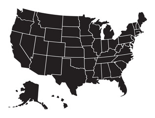 USA map with states. United States of America map. Vector illustration. Vector black silhouette. with white background