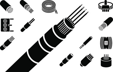 Collection of electrical connectors and cables in black and white illustration