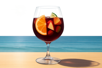 Sangria glass with fruit on beach deck with ocean view and transparent background