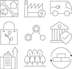 Sustainable Urban Planning and Green Economy Line Icon Set.