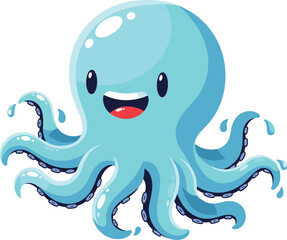 Cute happy blue octopus cartoon character, smiling sea creature with eight tentacles, adorable marine animal vector for kids and ocean themes