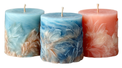 Set of Decorative Candles in Soft Colors isolated on white background.Paraffin candles