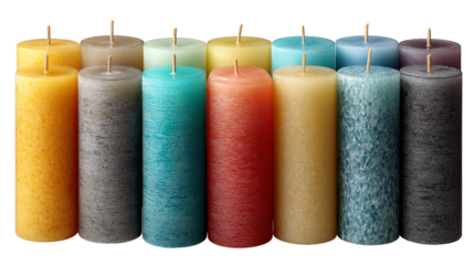 Set of Decorative Candles in Soft Colors isolated on white background.Paraffin candles