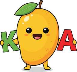 Cute mango character with green leaf holding letters K and A, fruit mascot illustration, tropical vitamin concept, healthy food vector design