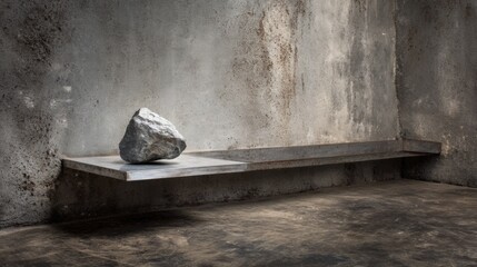 Single stone placed on rustic bench for minimal nature inspired still life composition