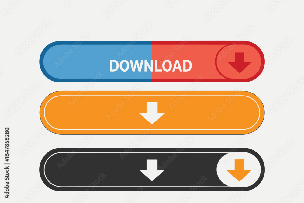 Fototapete three download buttons in blue red orange and black for website user interface design and software a