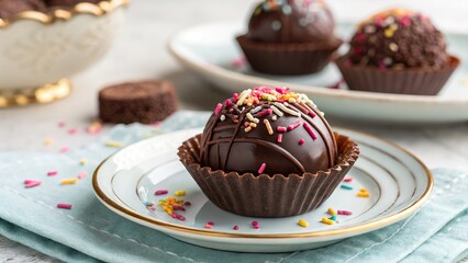 Indulgent brigadeiro dessert on a decorative plate with colorful sprinkles against a soft blue tablecloth