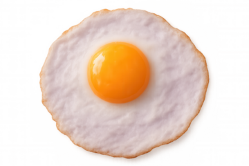 Perfectly fried egg displaying golden runny yolk, crispy white edges, transparent background highlighting culinary detail
