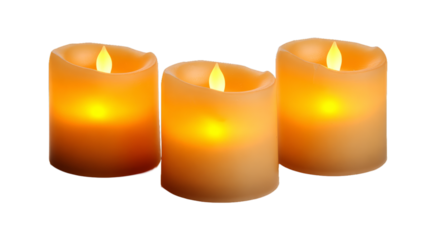 Wireless led candles with remote control. Three electronic flameless tea light candles on white background