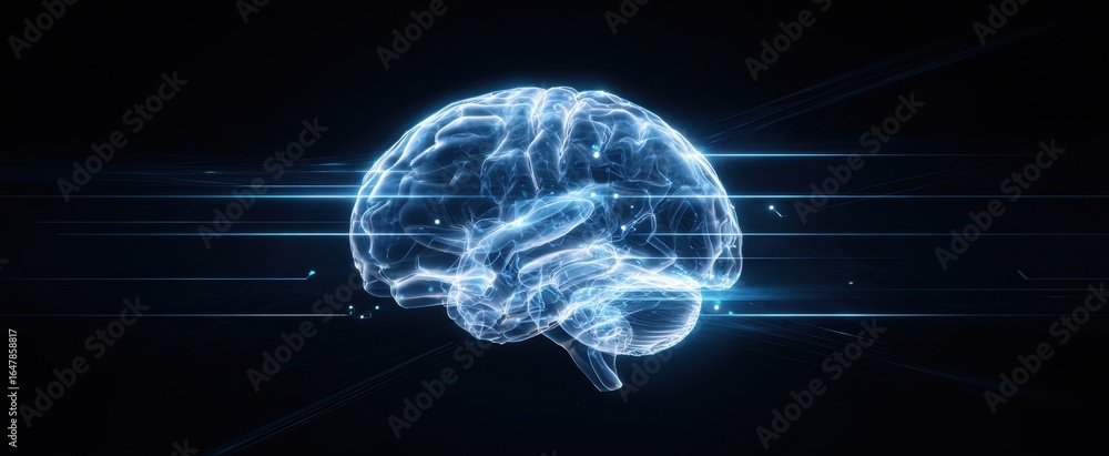 Poster the glowing digital brain with futuristic light streaks and neural network visualization