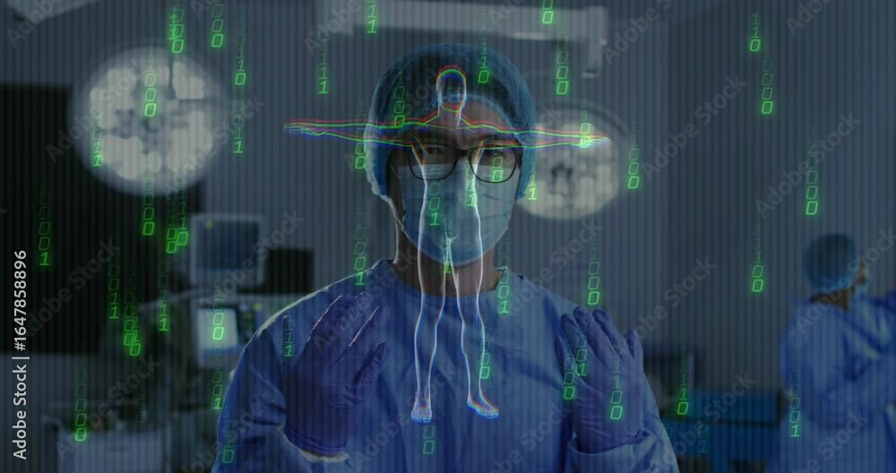 Aufkleber surgeon entering or and calibrating hologram by aligning gloved hands tracing skeletal contours