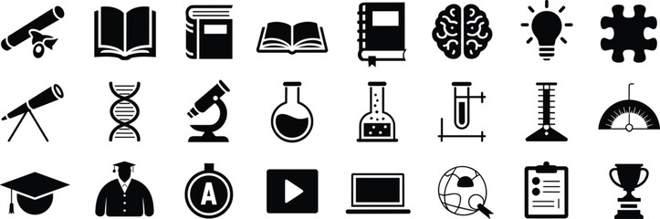 Black vector education and science icons set, school tools, learning equipment, academic symbols, research elements, lab, test, book