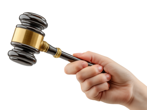 Hand holding a gavel symbolizing justice on transparent background