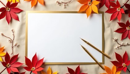 Obraz premium Autumn maple leaves frame a blank white paper with a gold border, two pencils resting on the paper, suggesting writing or drawing in the fall season