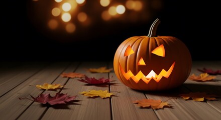 A single glowing carved halloween pumpkin with fallen autumn leaves on a wooden surface