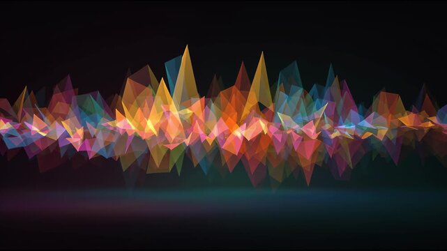 Colorful Audio Waveform: A vibrant, abstract visualization of sound waves, rendered with multicolored geometric shapes, representing the rhythm and energy of audio frequencies against a dark backdrop.