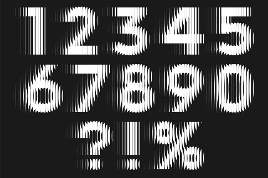 Set of numbers and symbols with ribbed glass effect. Geometric typography set with numbers distorted by vertical ribbing. Creative sans serif font with distortion through glass. Vector illustration