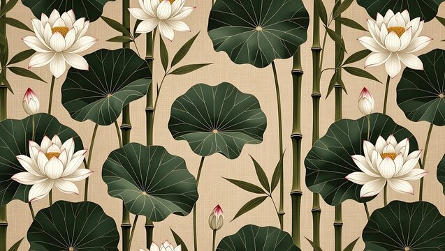 Ai generated image of lotus flowers and bamboo stalks in a seamless oriental pattern