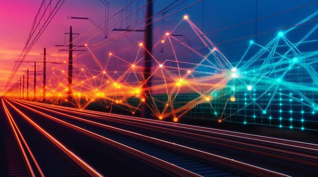 Data Rail: A futuristic vision where the transportation network seamlessly merges with the digital landscape, where lines of data trace over a railroad track, signifying connectivity.