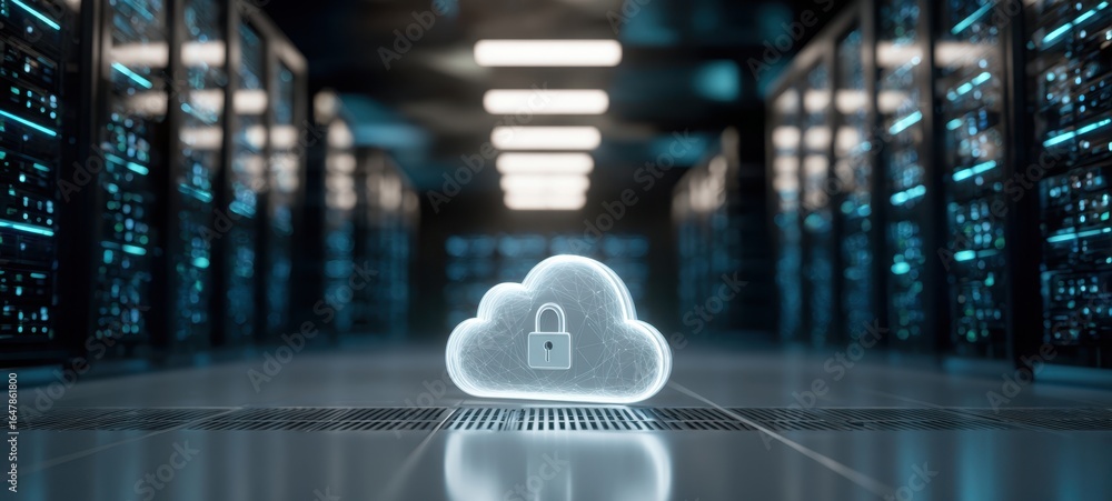 Poster the cloud lock icon in a modern data center emphasizing cybersecurity and cloud computing