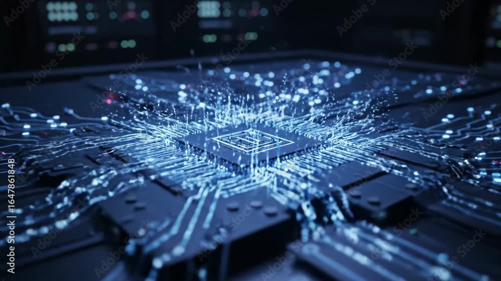 Poster futuristic ai circuitry visual - this video showcases a futuristic depiction of a computer system's 