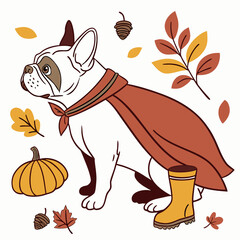 An adorable French Bulldog with a Loving vibe, wearing a cape, and a Autumn Leaves Autumn theme – SVG style