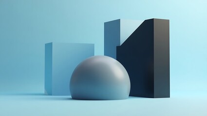 A minimalist scene featuring a sphere and rectangular shapes on a light blue background studio shot