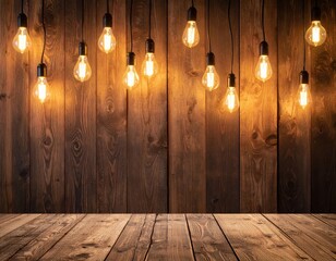 Warm vintage light bulbs on rustic wooden wall background