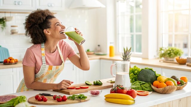 Energized woman enjoying a refreshing smoothie in a bright kitchen surrounded by fresh fruits and vegetables