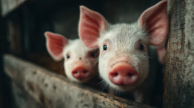 Two adorable piglets peek out from a rustic wooden enclosure on a sunny farm day