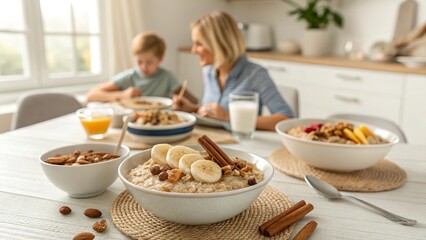 Healthy family breakfast spread with oatmeal, fresh fruit, and juice enjoyed in a cozy kitchen setting