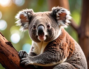 Obraz premium Close-up of a koala climbing a tree in natural habitat